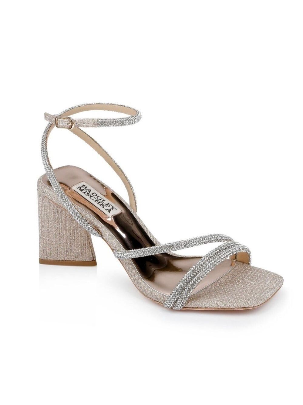 Badgley Mischka Freedom Rhinestone Block Heel Sandals in Pale Gold - NWT